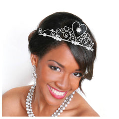 Bridal Gemstone Heart Crown Tiara Headband, Silver, One Size