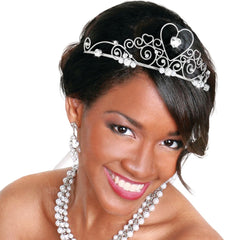 Bridal Gemstone Heart Crown Tiara Headband, Silver, One Size