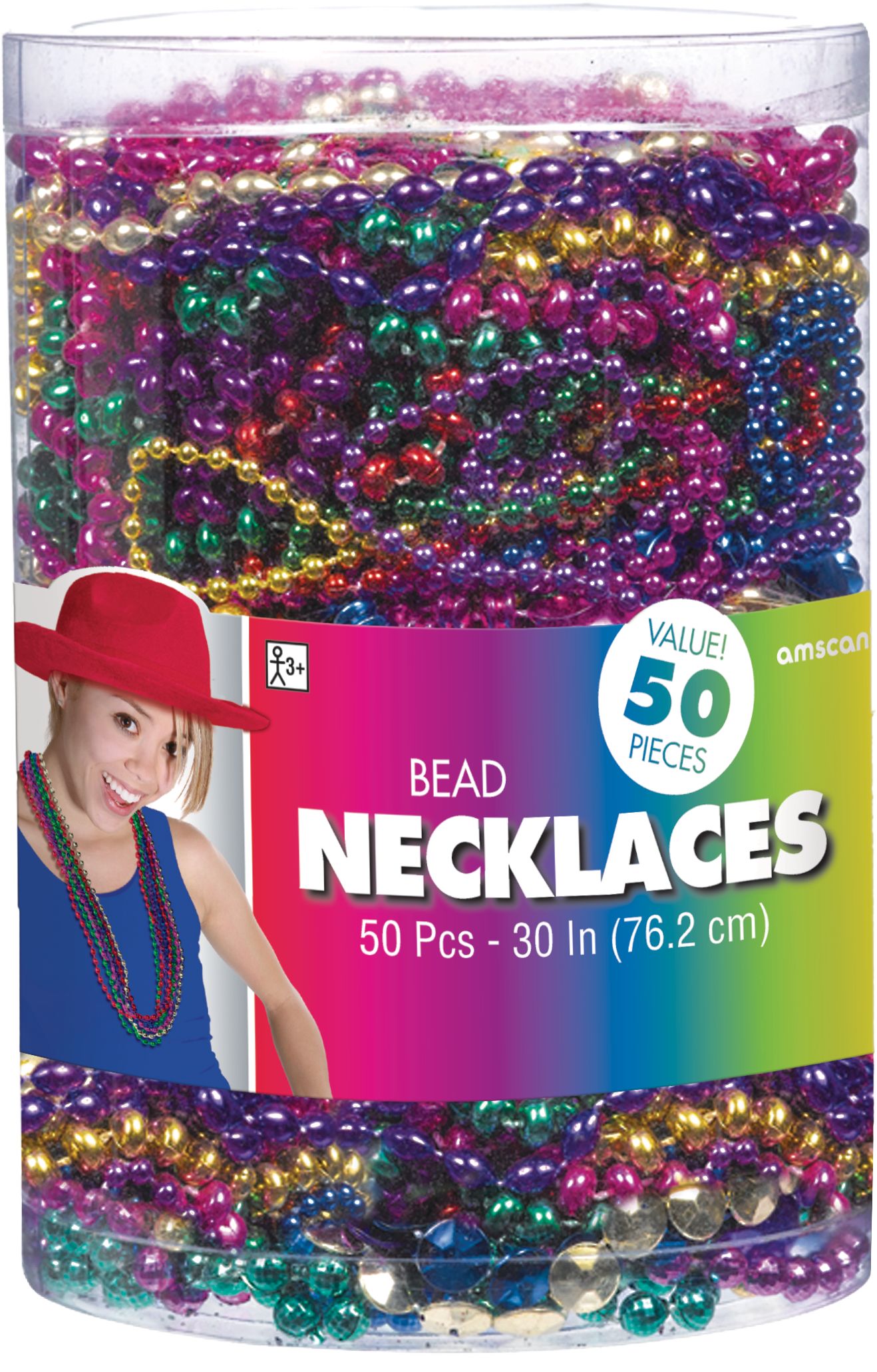 Rainbow Bead Necklaces, 30-inch, 50-Pack