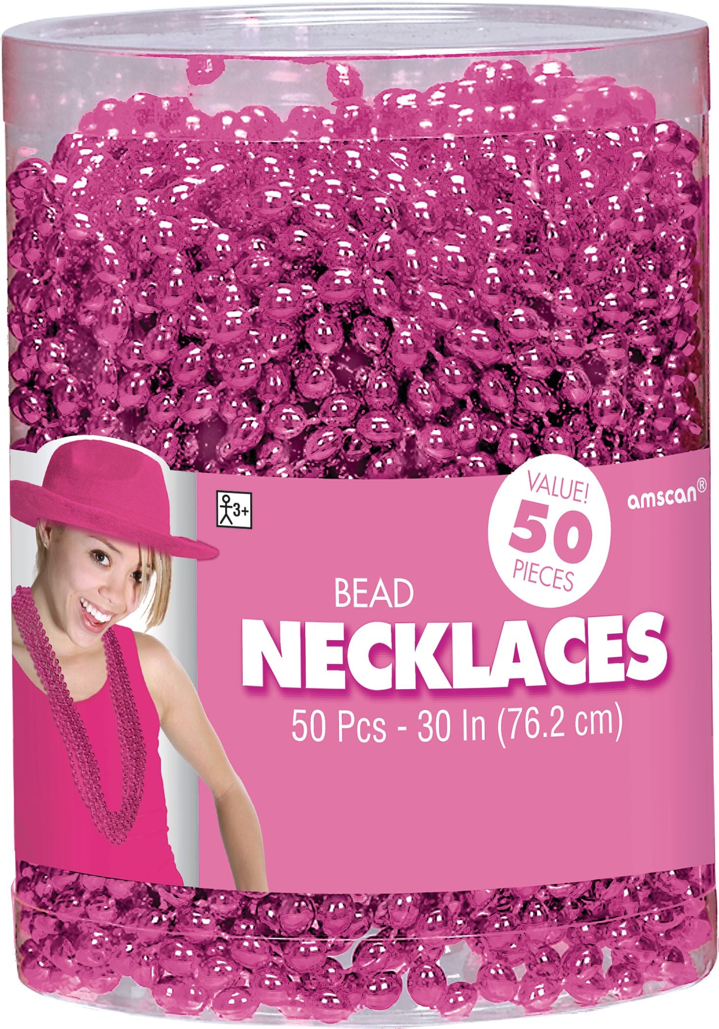 Bright Pink Bead Necklaces, 30 inch, 50 Pack