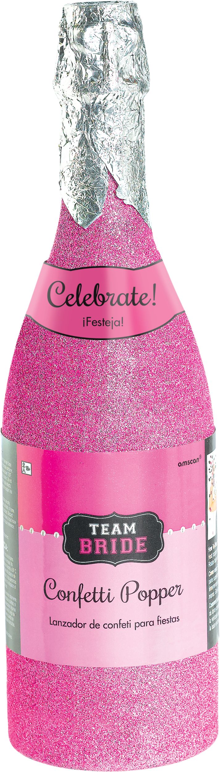 Team Bride Champagne Bottle Confetti Popper, Pink/Silver
