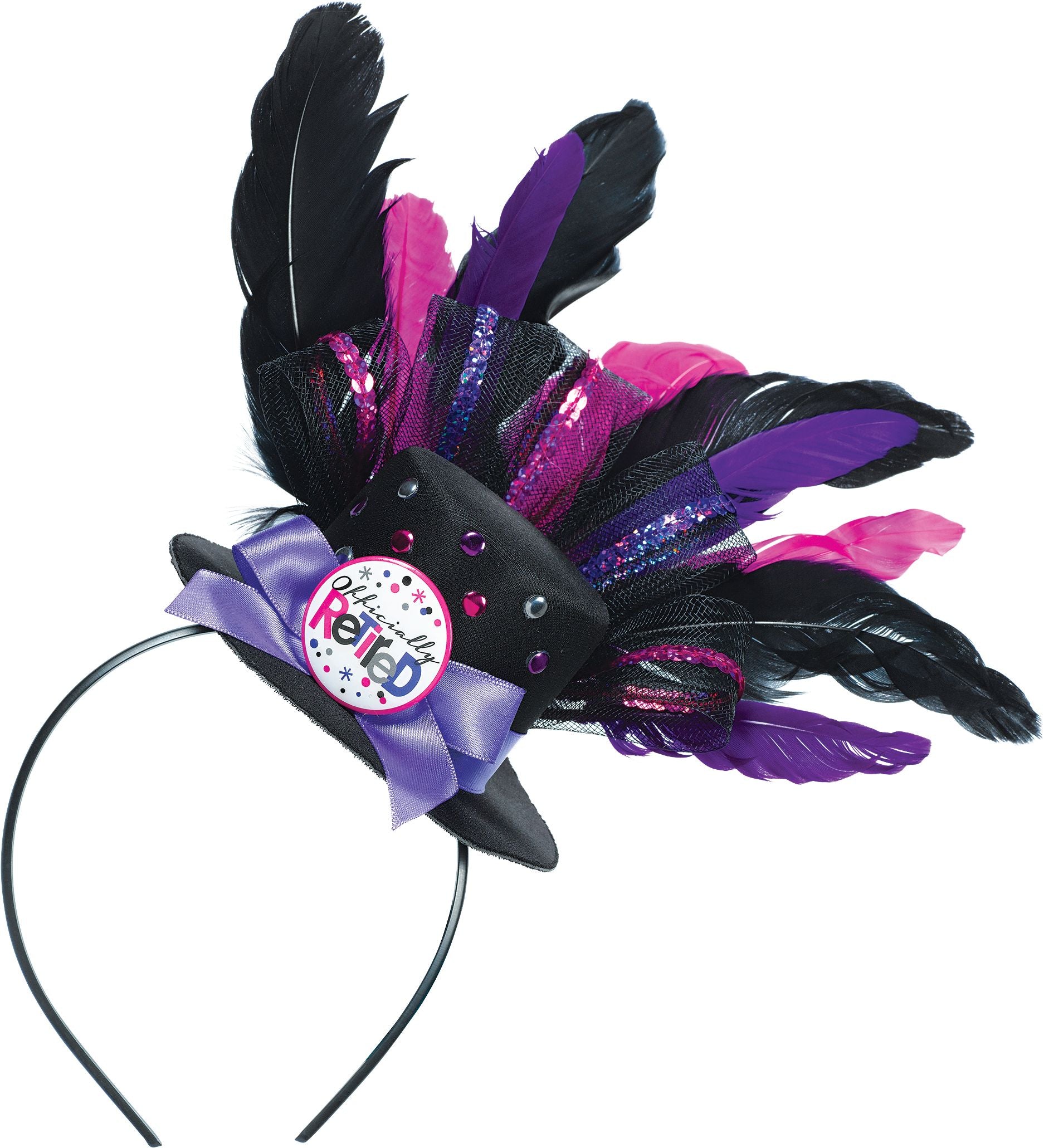 "Officially Retired" Feather Fascinator Headband, Black/Pink/Purple, One Size