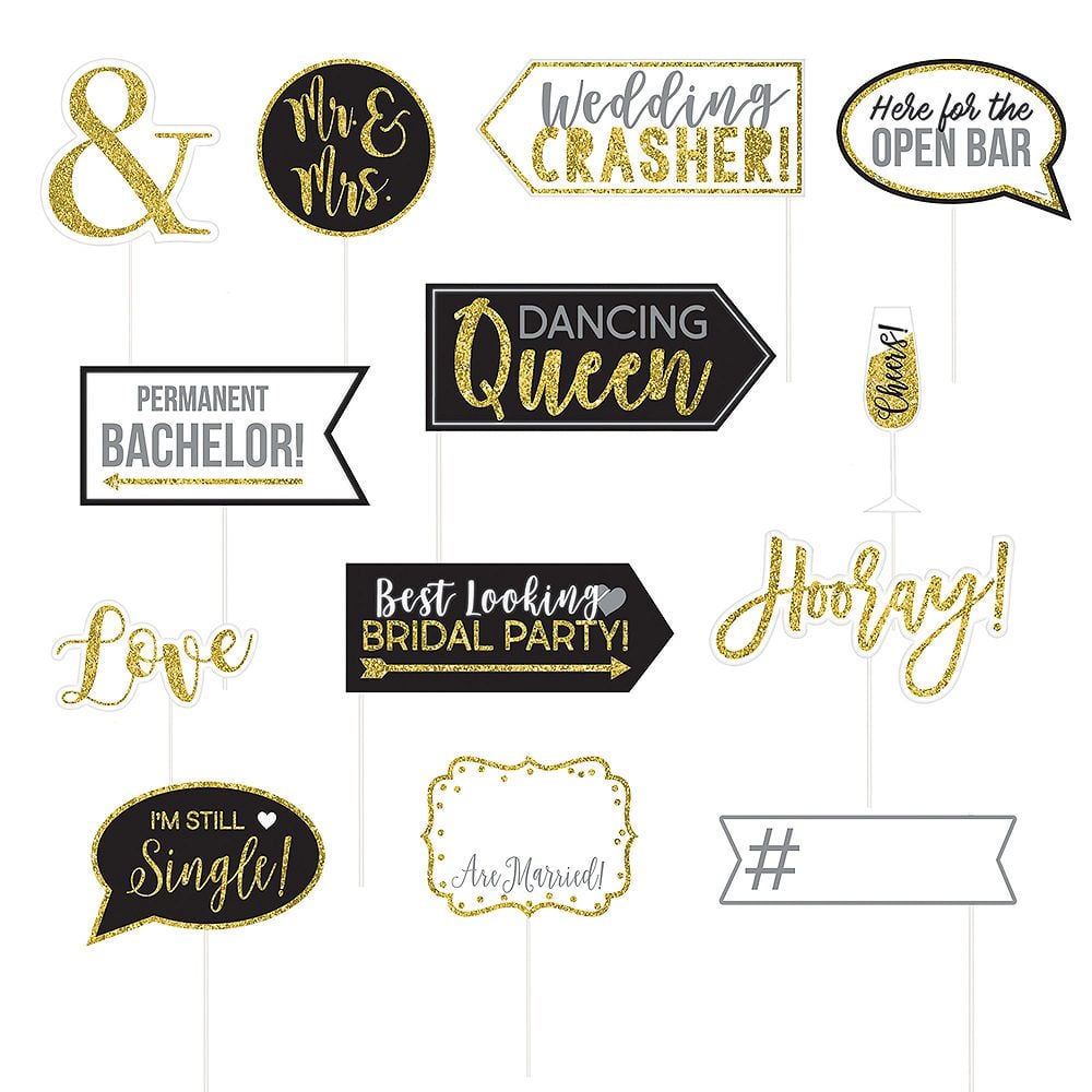 Mr & Mrs Photo Booth Sign Props, Black/Gold, 7-inch, 13-pk