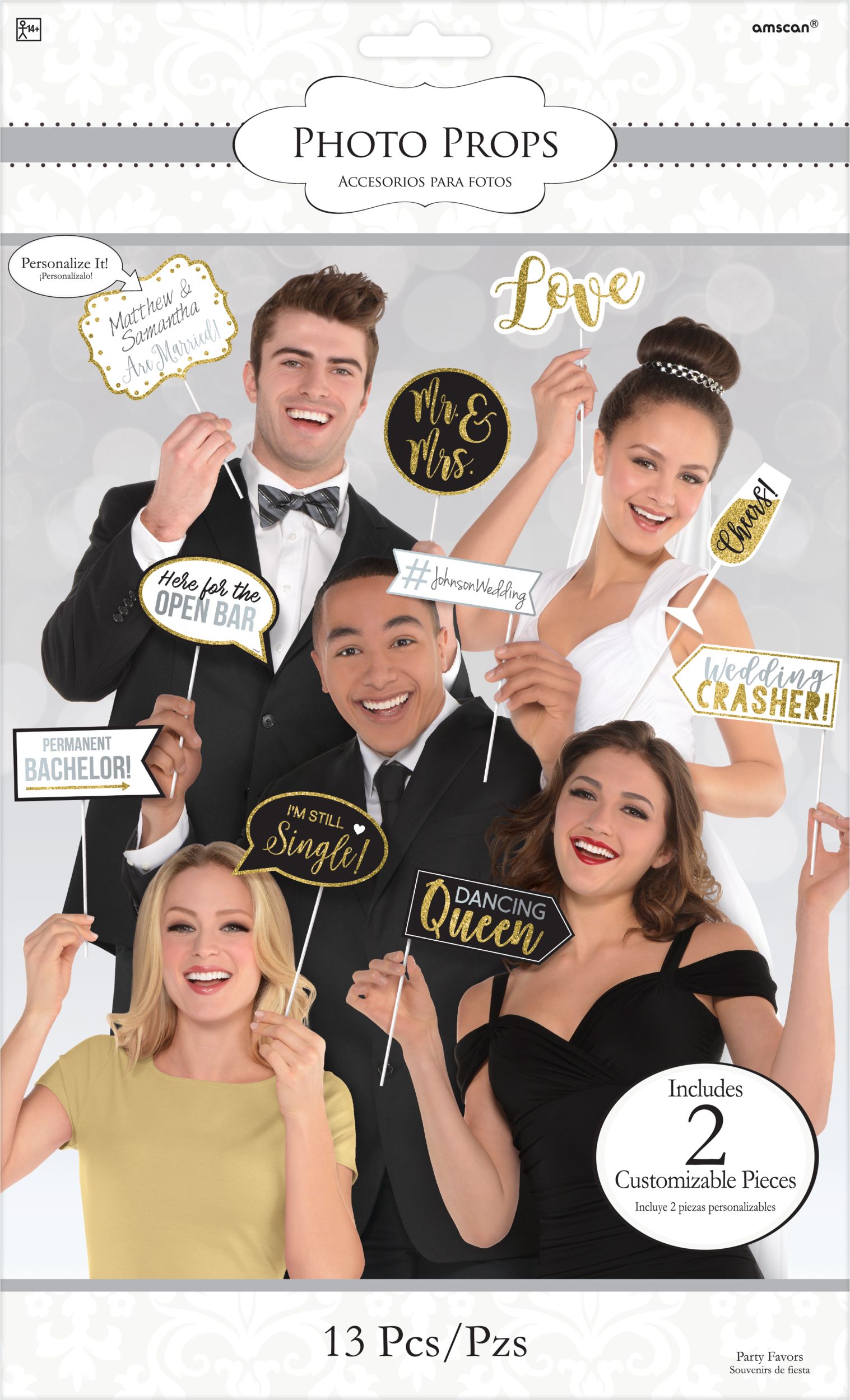 Mr & Mrs Photo Booth Sign Props, Black/Gold, 7-inch, 13-pk