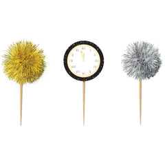 Countdown Clock & Tinsel Party Picks, Silver/Gold, 4-inch, 16-pk