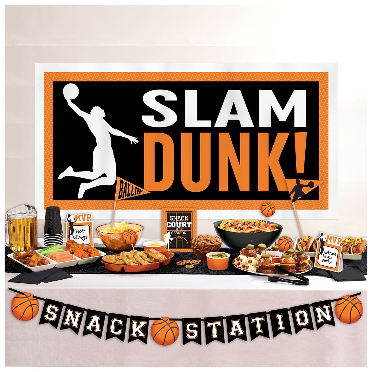 Basketball Slam Dunk Buffet Decorating Kit, Orange/Black, 6-foot, 15-pk