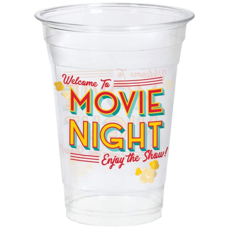 Movie Night Plastic Reusable Cups, Clear/Red, 16 oz, 20-pk