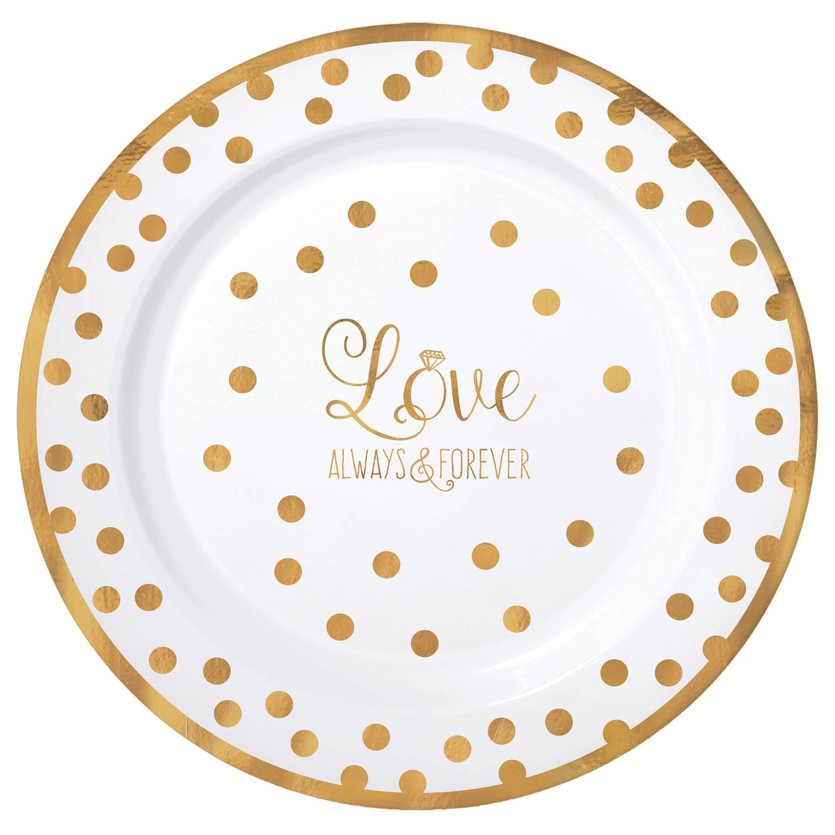 Love Always & Forever Dinner Plastic Plates, Gold/White, Polka Dot, 10-inch, 10-pk