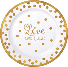 "Love Always & Forever" Plastic Lunch Plates, Gold/White Polka Dot, 7 inch, 20-pk