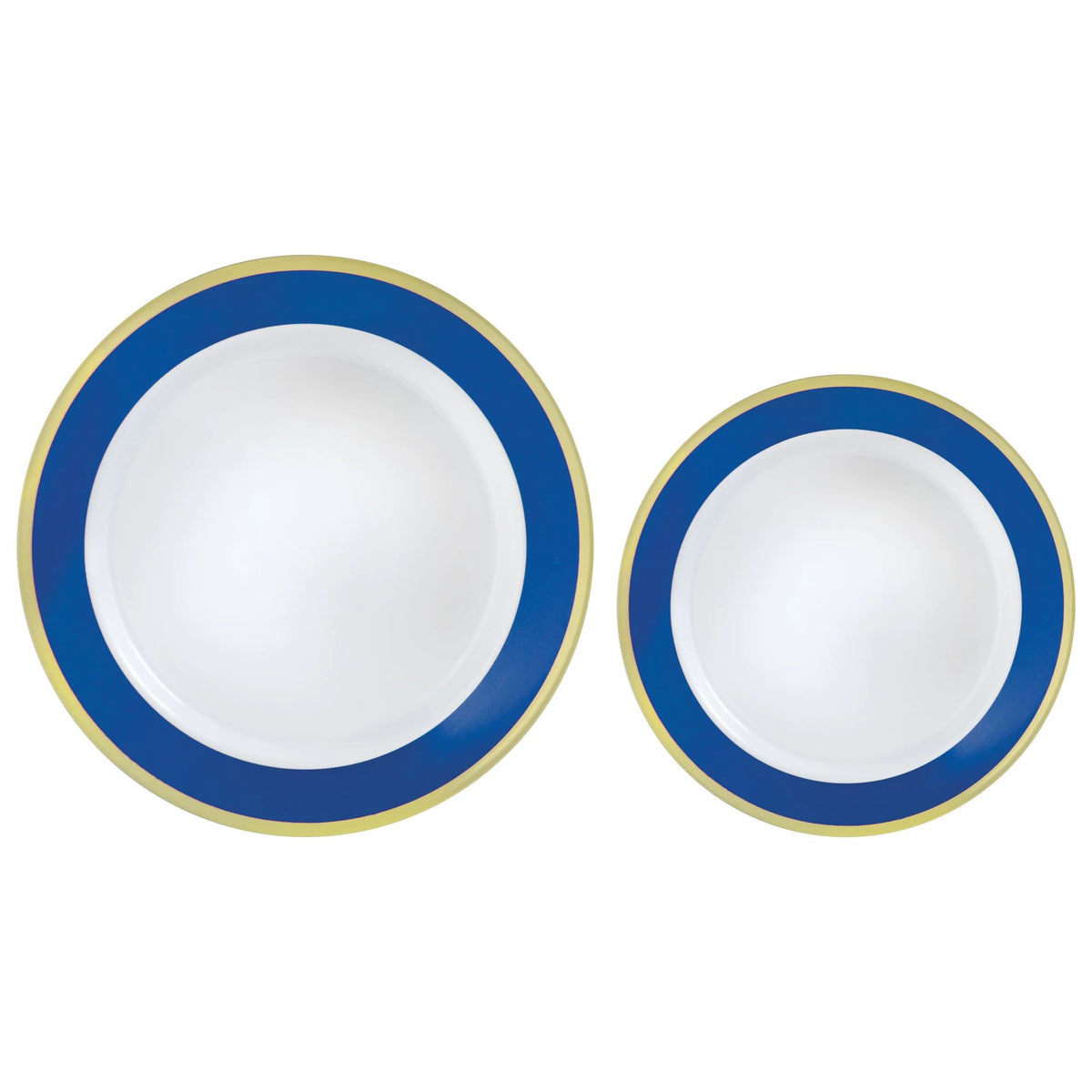 Round Bordered Plastic Plates, Blue/Gold, 7.5 inch & 10.5 inch, 20-pk