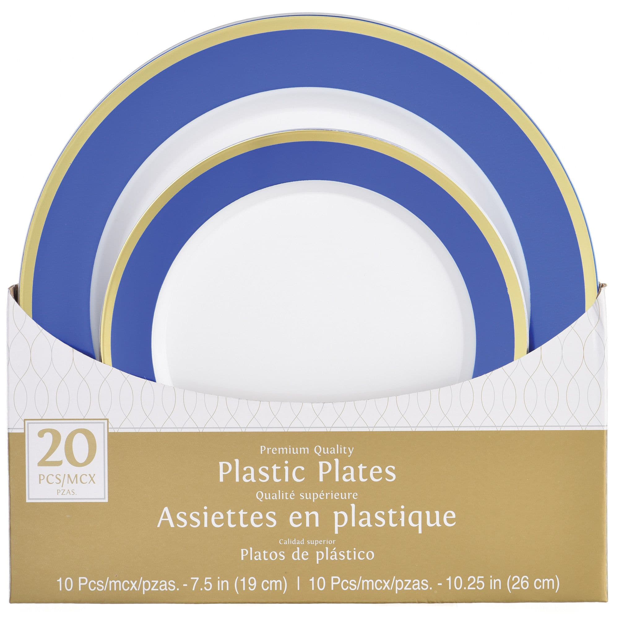 Round Bordered Plastic Plates, Blue/Gold, 7.5 inch & 10.5 inch, 20-pk