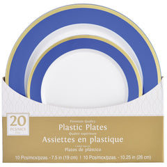 Round Bordered Plastic Plates, Blue/Gold, 7.5 inch & 10.5 inch, 20-pk