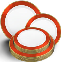 Red & Gold Bordered Premium Plastic Plates, 7.5 inch & 10.25 inch, 20-Pack