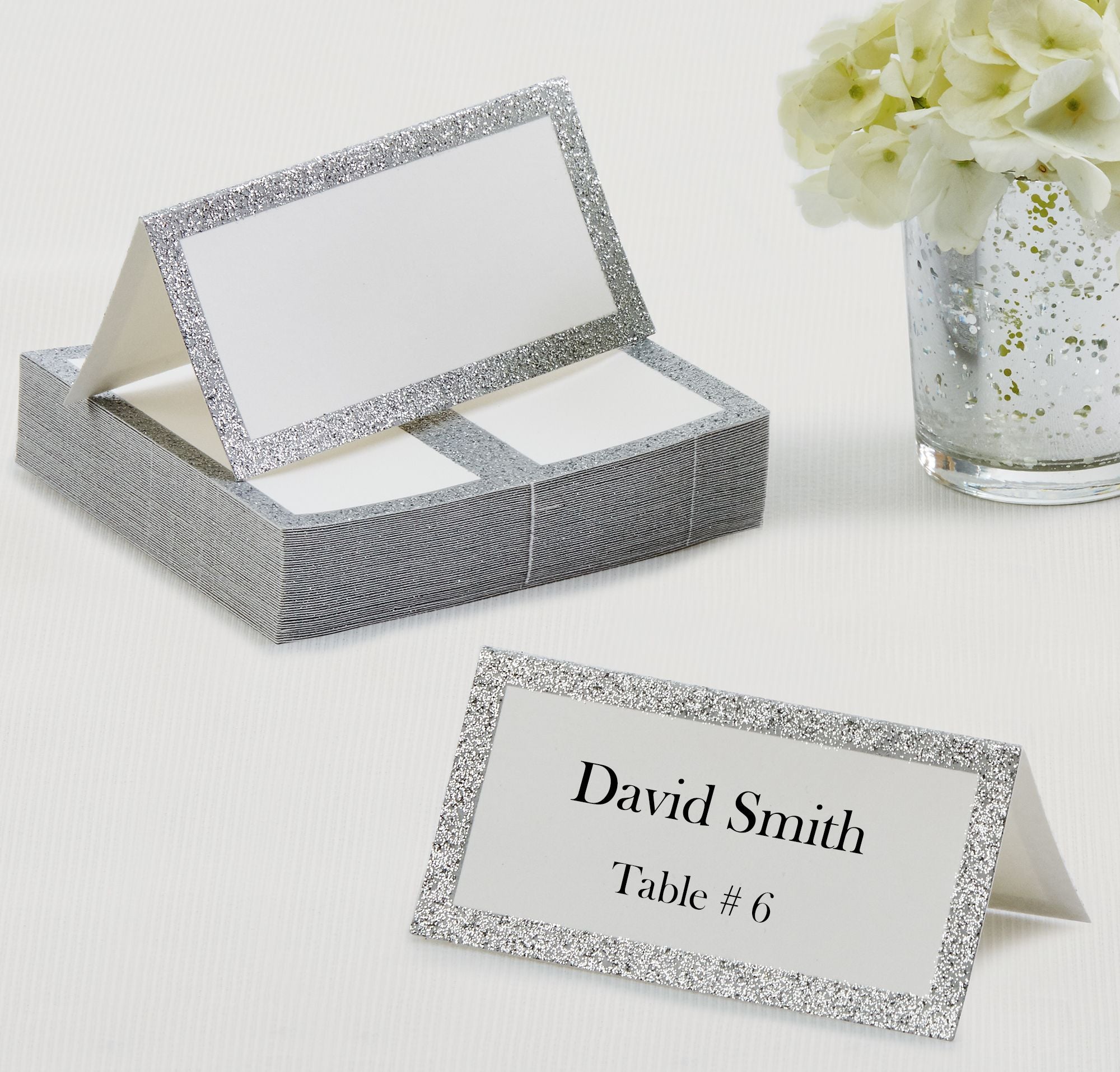 Name Table Glitter Place Cards, Silver, 50-pk, for Wedding/Anniversary