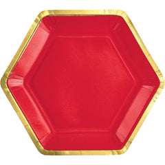 Red Hexagonal 7-inch Metallic Paper Plates, 8-pk