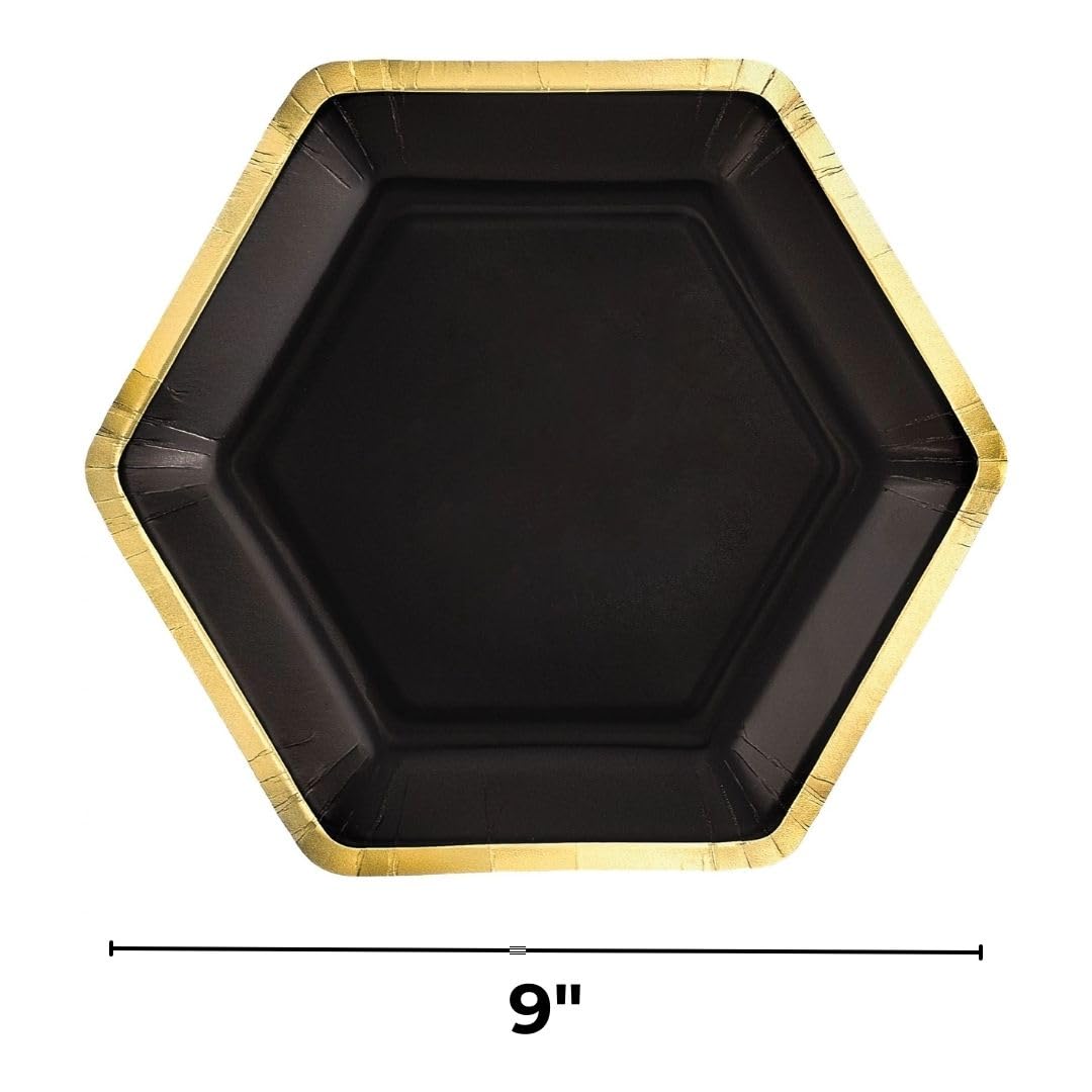 Black Hexagonal Metallic 9-inch Dinner Paper Plates, 8-pk