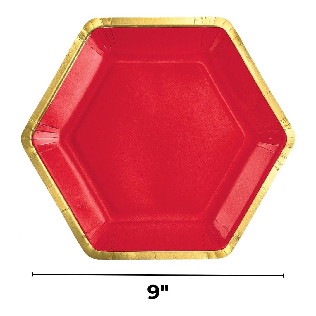 Red Hexagonal Metallic Paper Plates - 9-inch, 8-pk