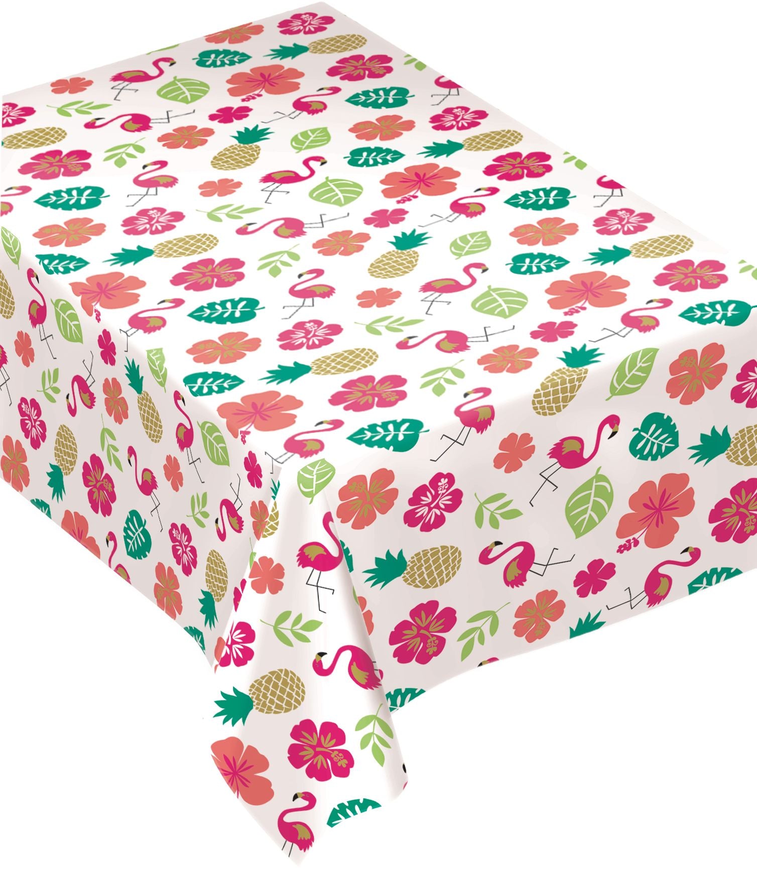 Aloha Flannel-Backed Vinyl Table Cover, Pink/White, Floral, 52x90 inch