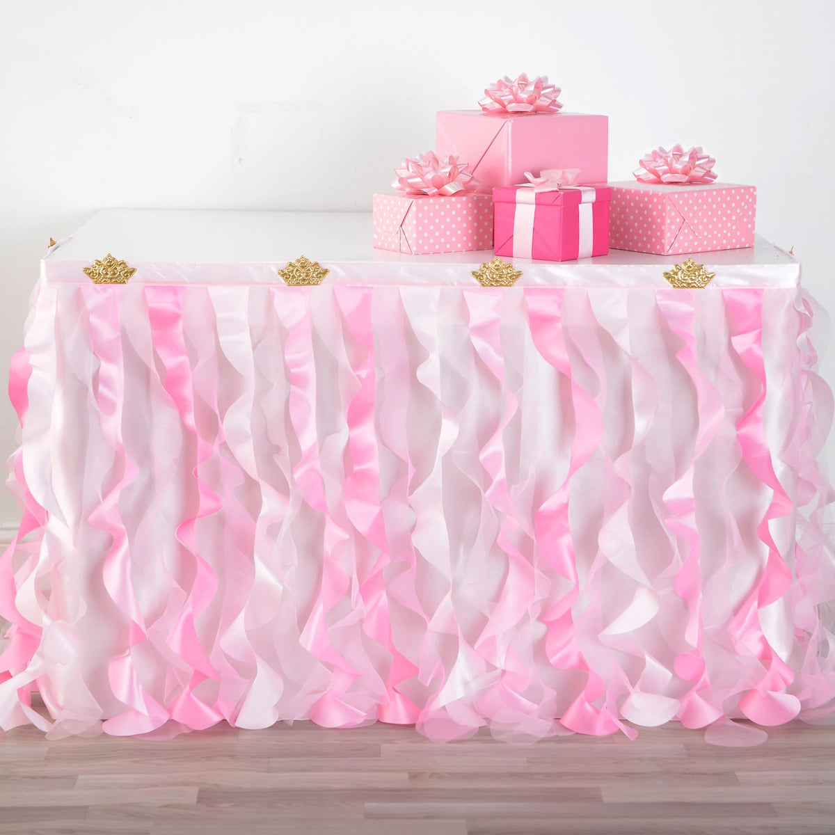 Rectangle Fabric Ruffle Reusable Table Skirt, Pink, 6.75-inch