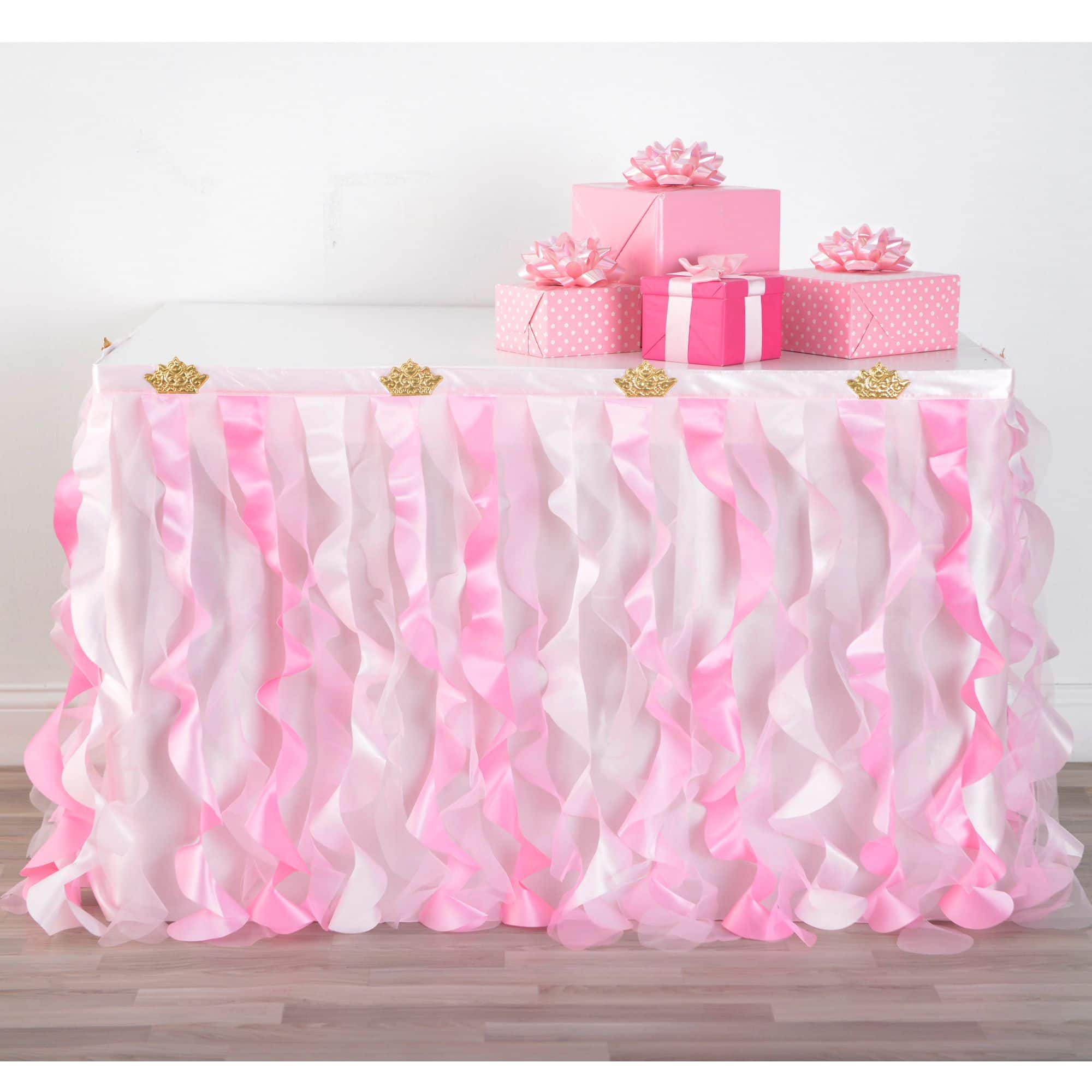 Rectangle Fabric Ruffle Reusable Table Skirt, Pink, 6.75-inch