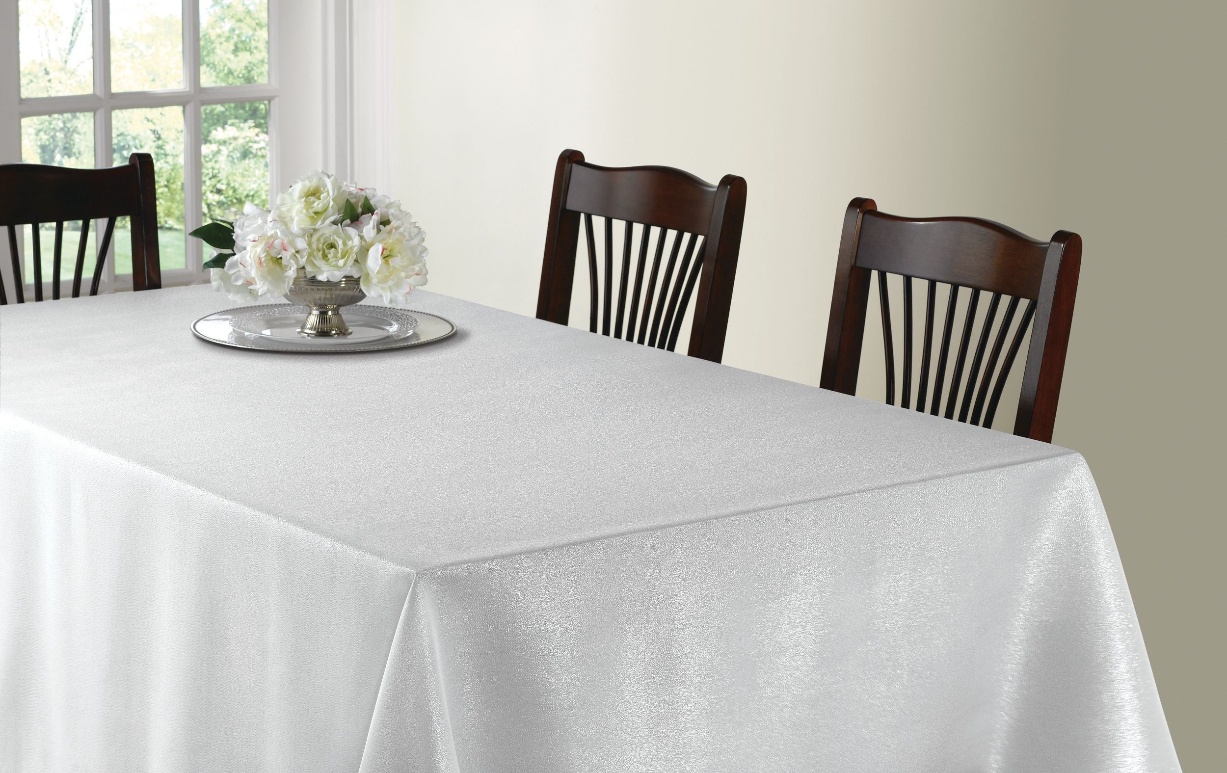 White and Silver Fabric Table Cover, 60 x 84 inch, Reusable