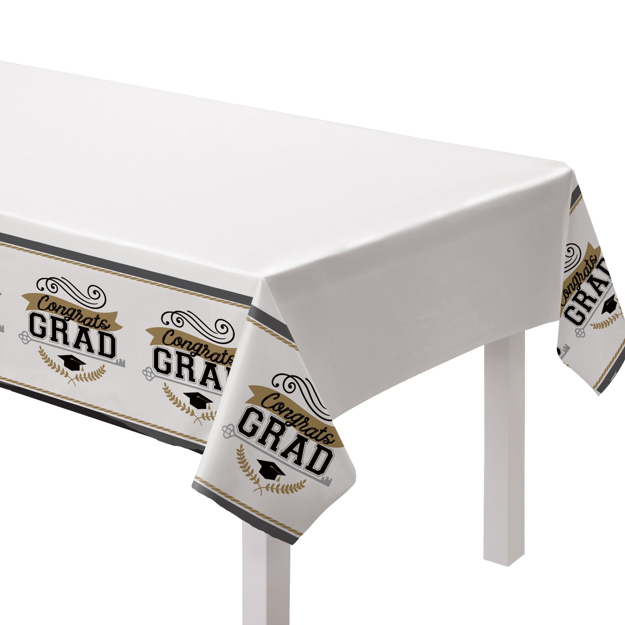 Congrats Grad Plastic Table Cover, Black/Gold, 54x84 inch