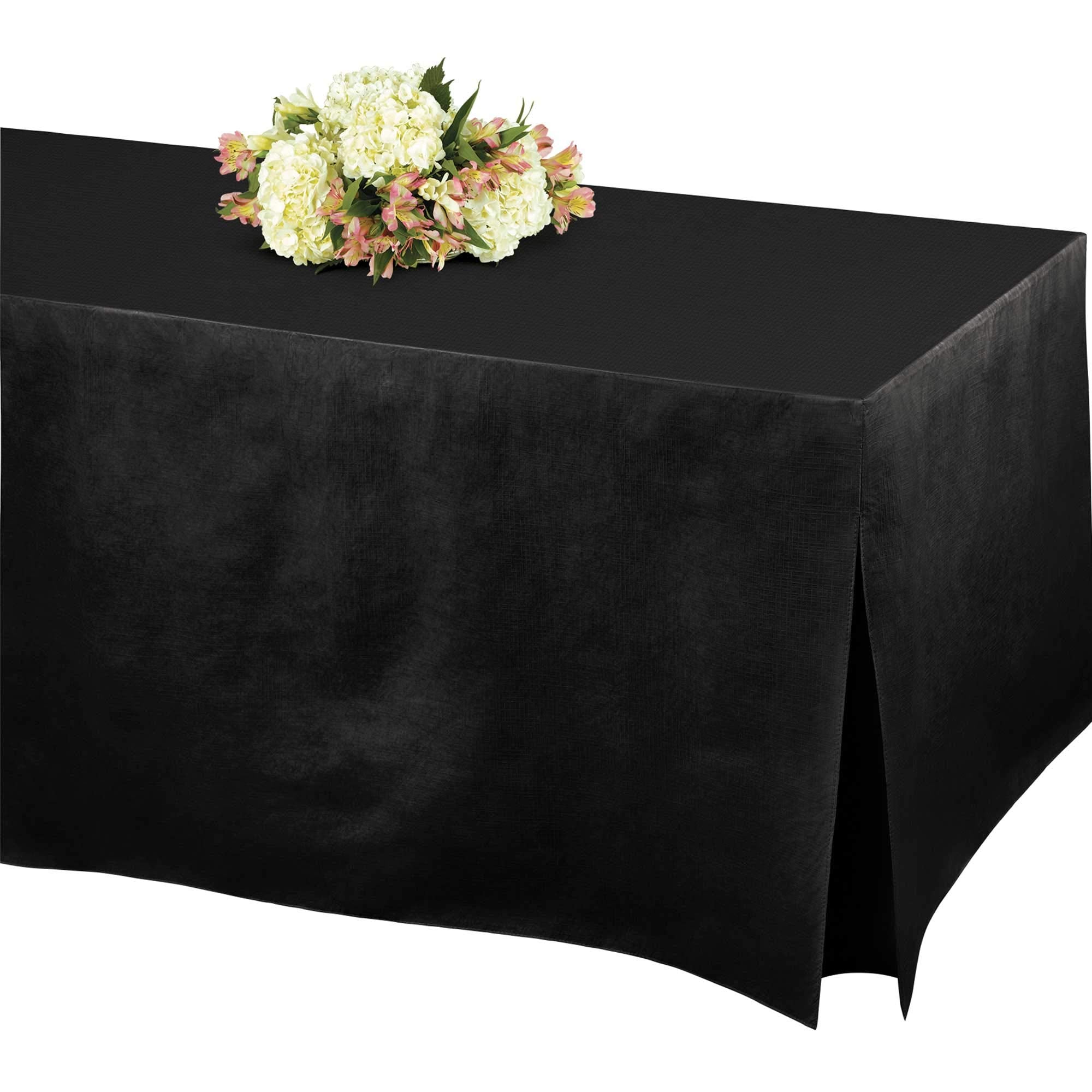 Elegant Black Flannel-Backed Vinyl Fitted Table Cover, 72-Inch
