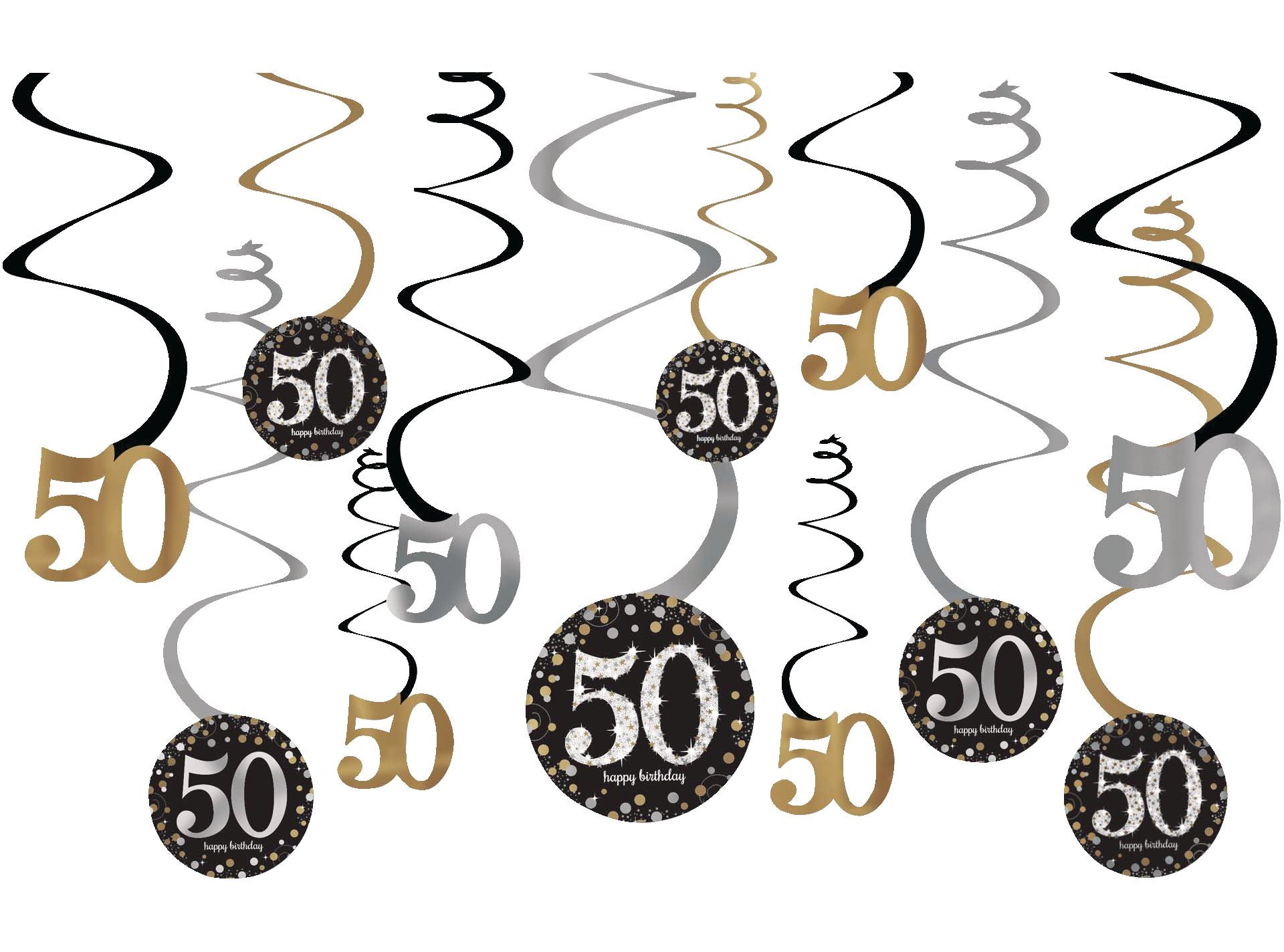 Sparkling Celebration 50 Swirl Decorations, Gold/Silver/Black, Polka Dot, 10-inch, 12-pk