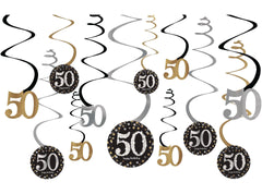 Sparkling Celebration 50 Swirl Decorations, Gold/Silver/Black, Polka Dot, 10-inch, 12-pk