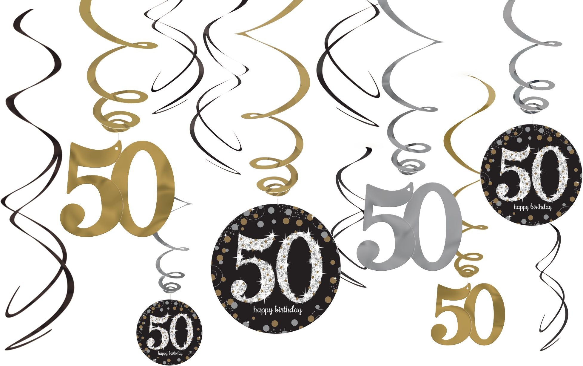 Sparkling Celebration 50 Swirl Decorations, Gold/Silver/Black, Polka Dot, 10-inch, 12-pk