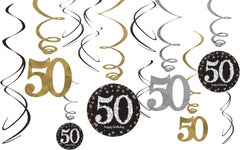 Sparkling Celebration 50 Swirl Decorations, Gold/Silver/Black, Polka Dot, 10-inch, 12-pk