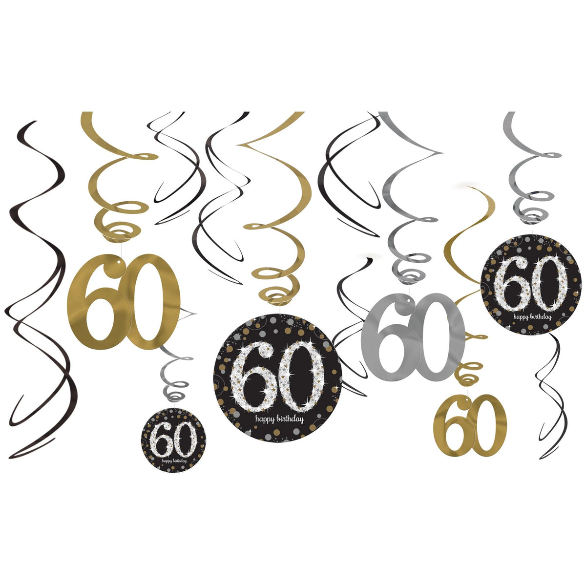 Sparkling Celebration 60th Birthday Swirl Decorations, Gold/Silver/Black, 10 inch, 12-pk