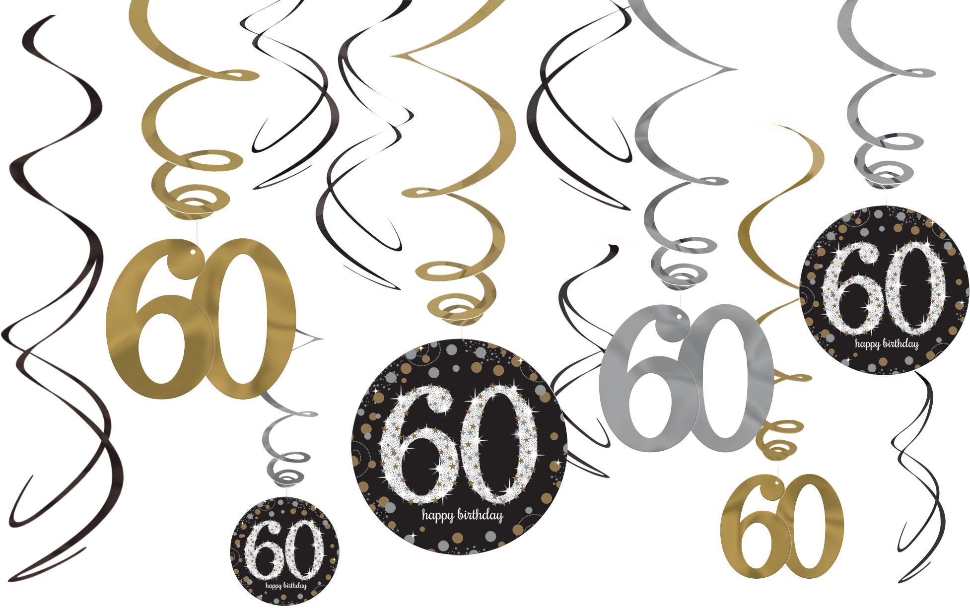 Sparkling Celebration 60th Birthday Swirl Decorations, Gold/Silver/Black, 10 inch, 12-pk