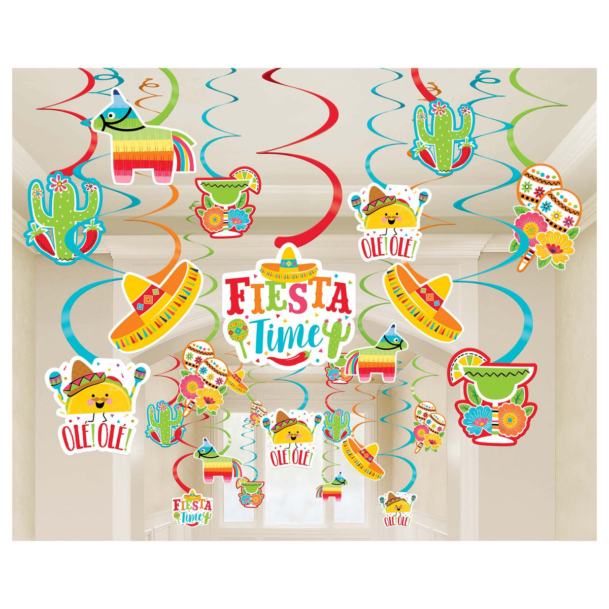 Fiesta Time Swirl Hanging Decorations, Orange/Blue, 12.5-inch, 30-pk
