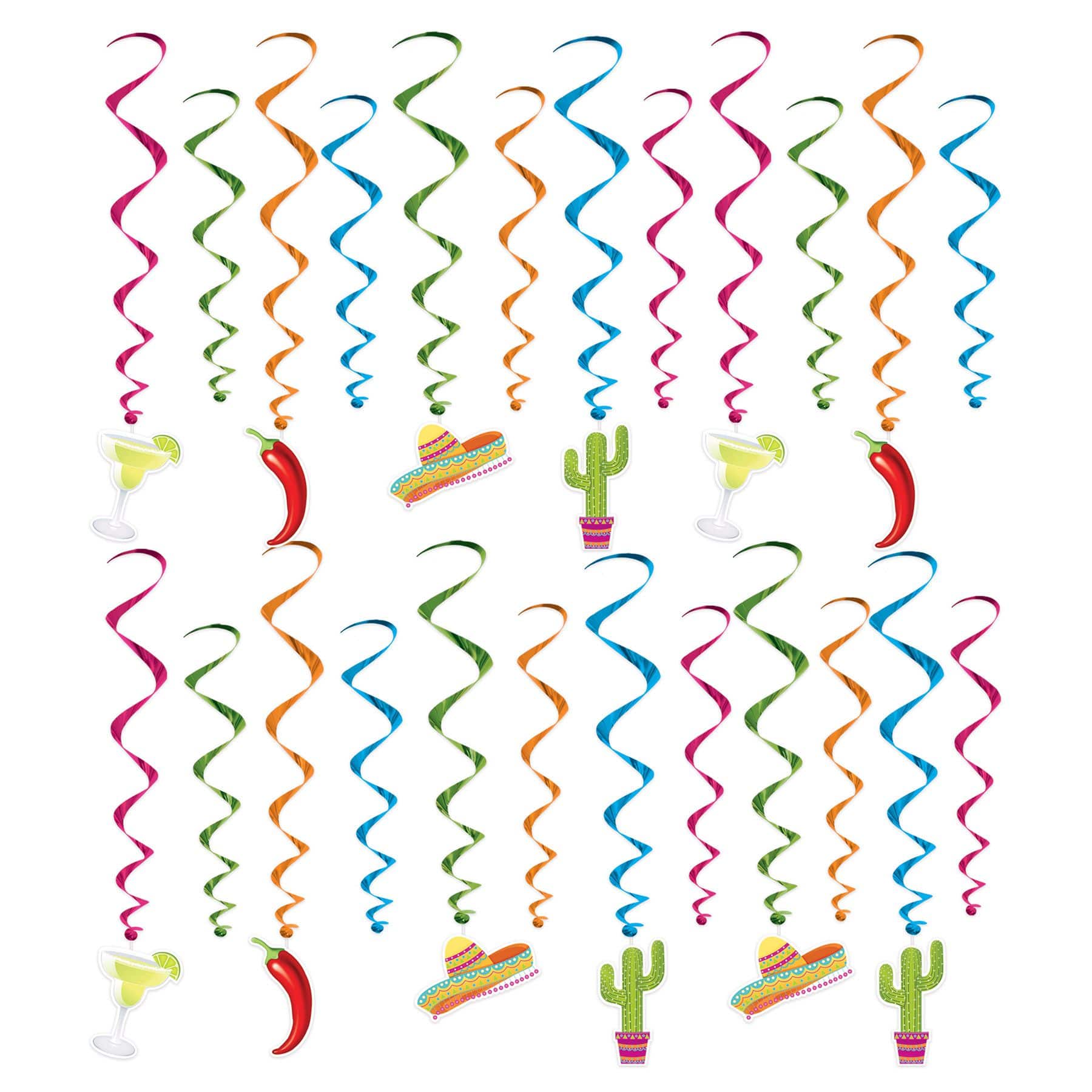 Fiesta Time Swirl Hanging Decorations, Orange/Blue, 12.5-inch, 30-pk