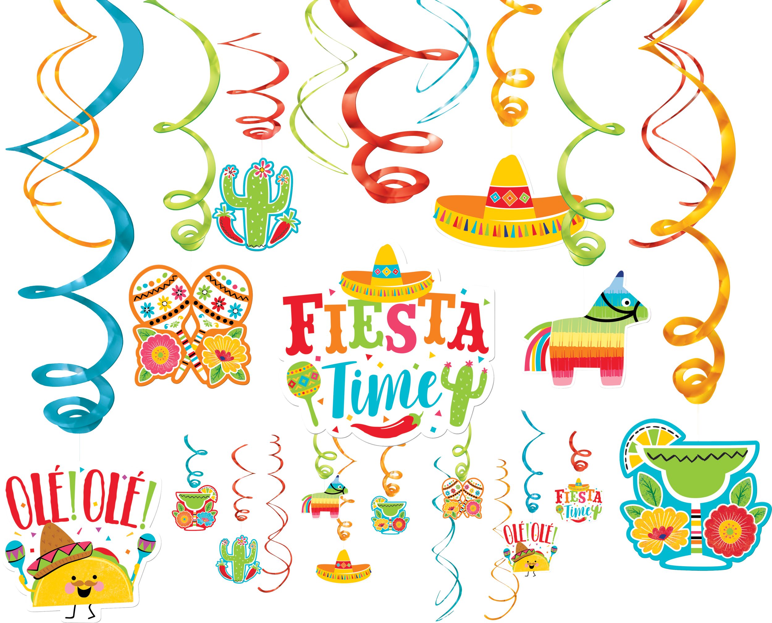 Fiesta Time Swirl Hanging Decorations, Orange/Blue, 12.5-inch, 30-pk