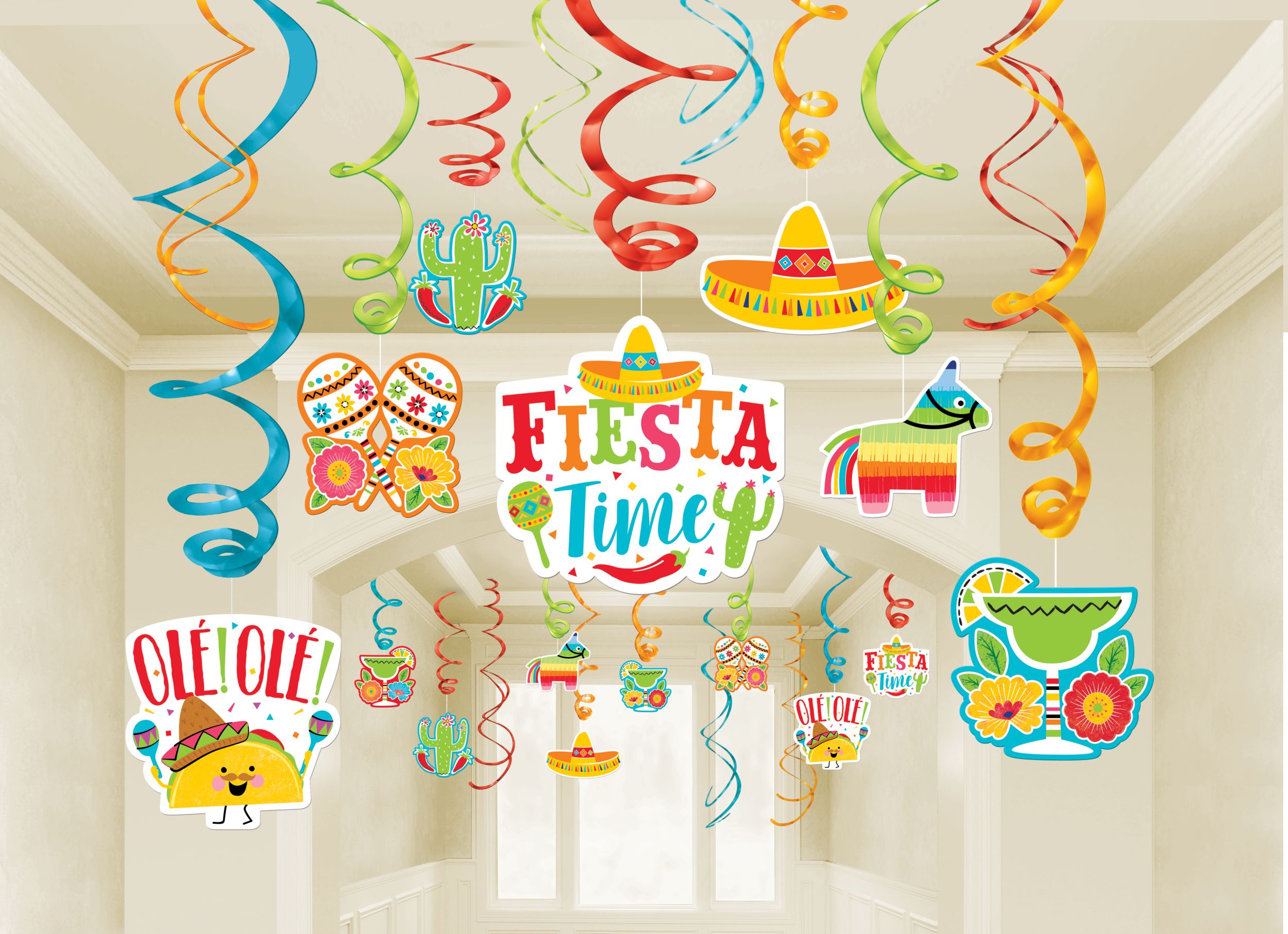 Fiesta Time Swirl Hanging Decorations, Orange/Blue, 12.5-inch, 30-pk