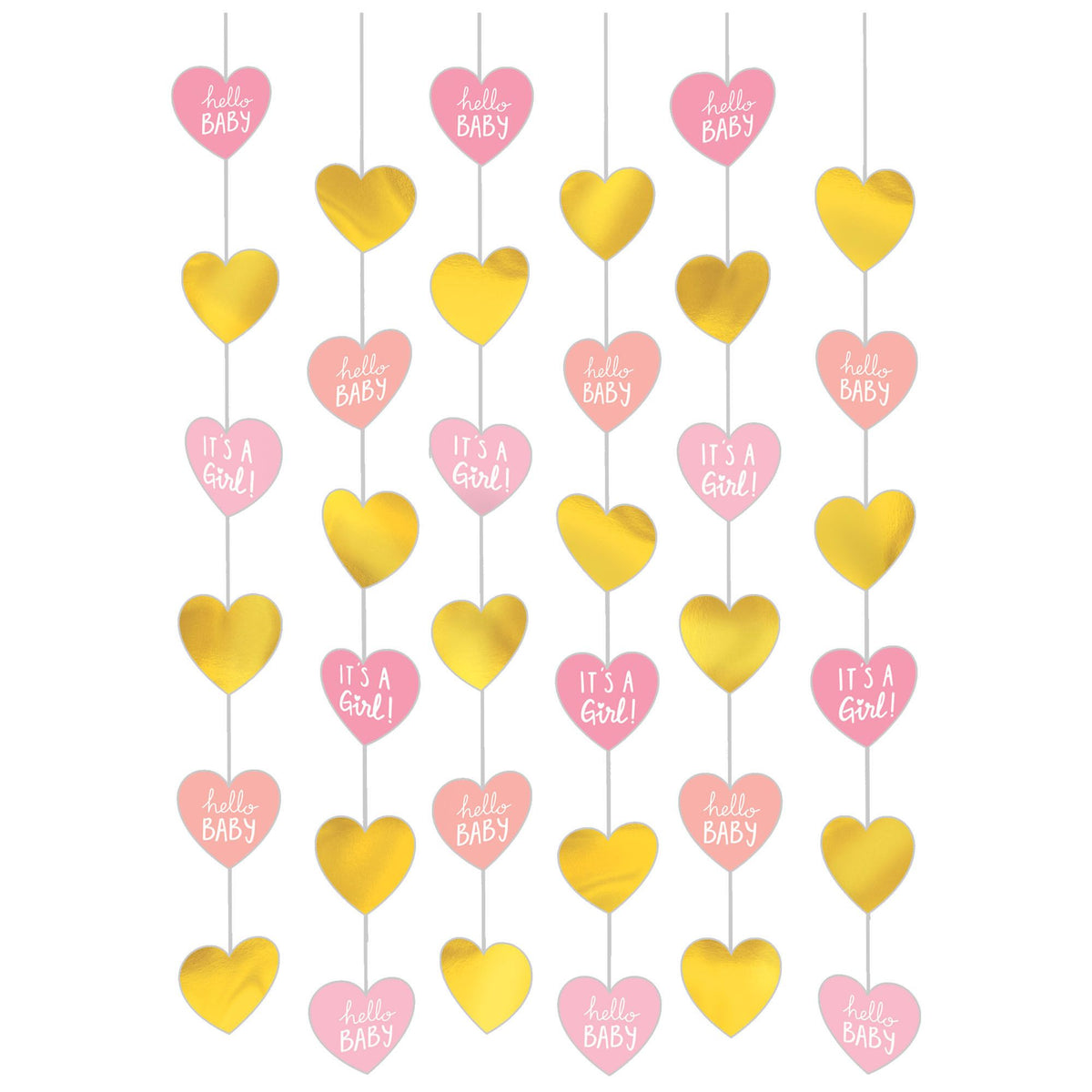 "It's a Girl" String Decorations, Gold/Pink, Hearts, 7-foot, 6-pk