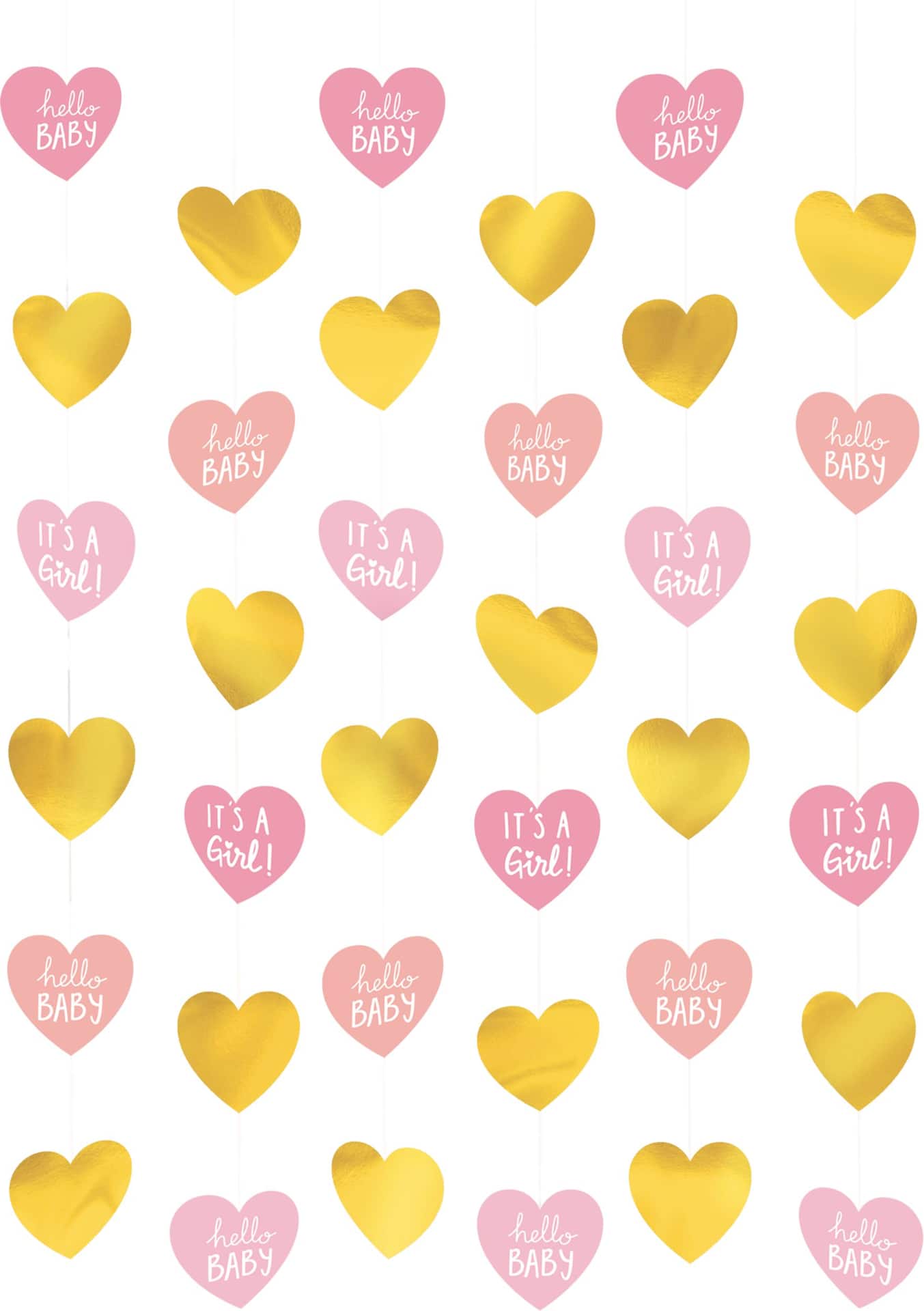 "It's a Girl" String Decorations, Gold/Pink, Hearts, 7-foot, 6-pk