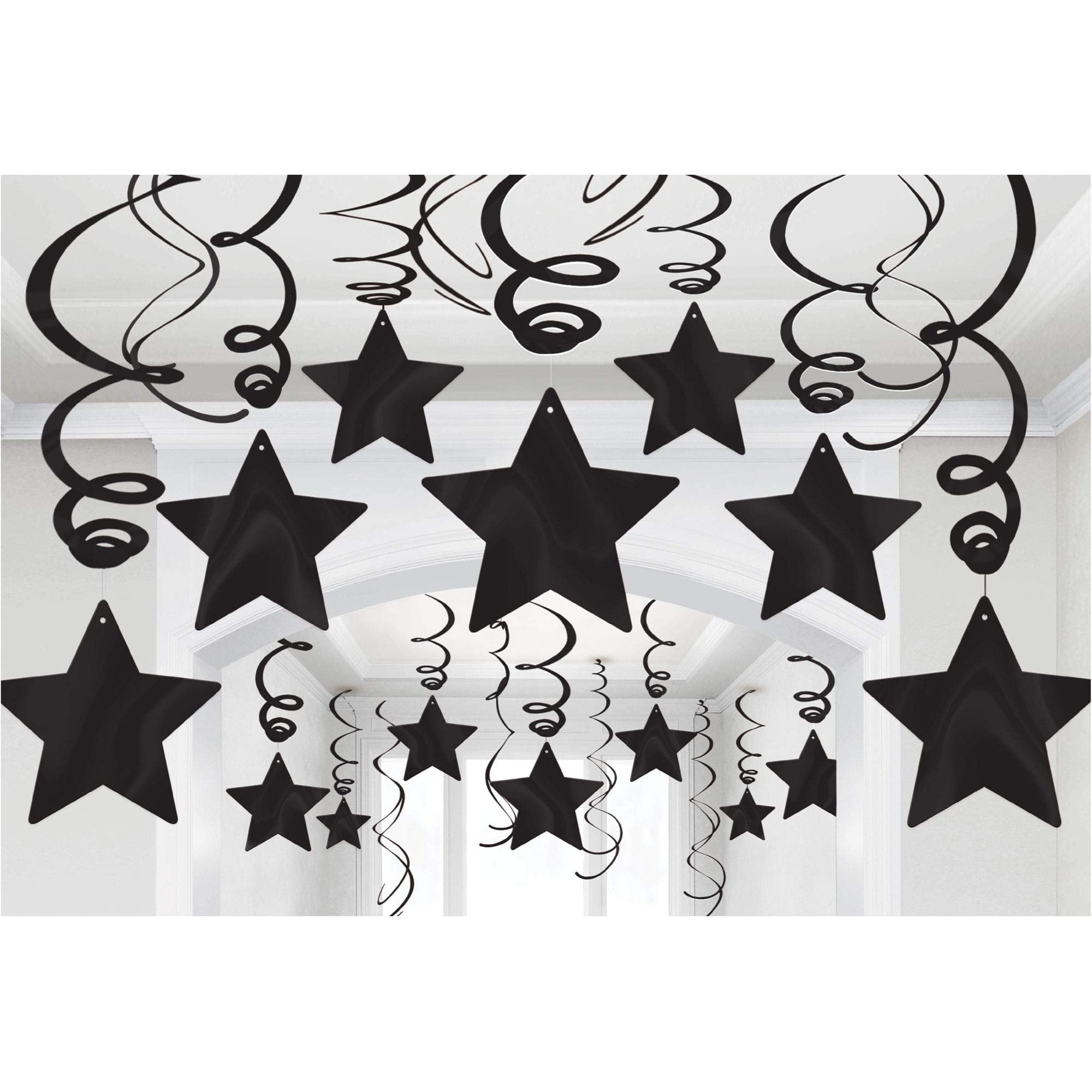 Black Shooting Star Metallic Swirl Decorations, 30-pcs