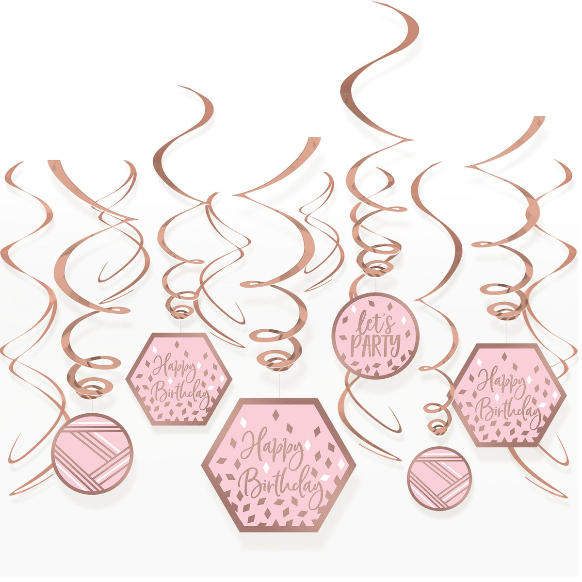 Blush Birthday Swirl Hanging Decorations, Rose Gold, 10-inch, 12-pk