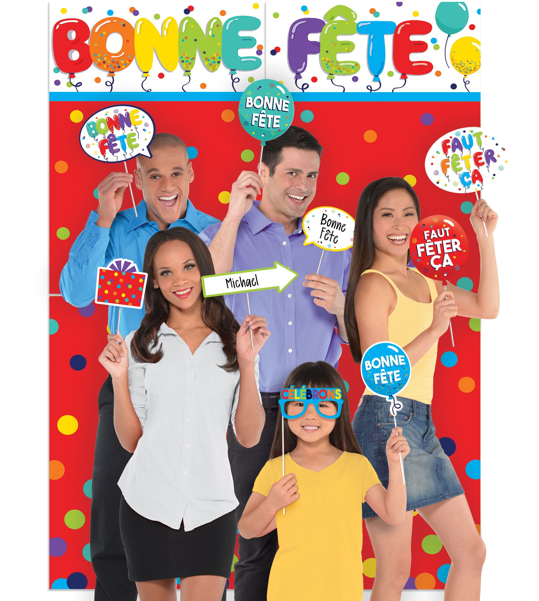 Bonne Fete Scene Setter with Photo Props, Red/Blue, 77-inch, 13-pk