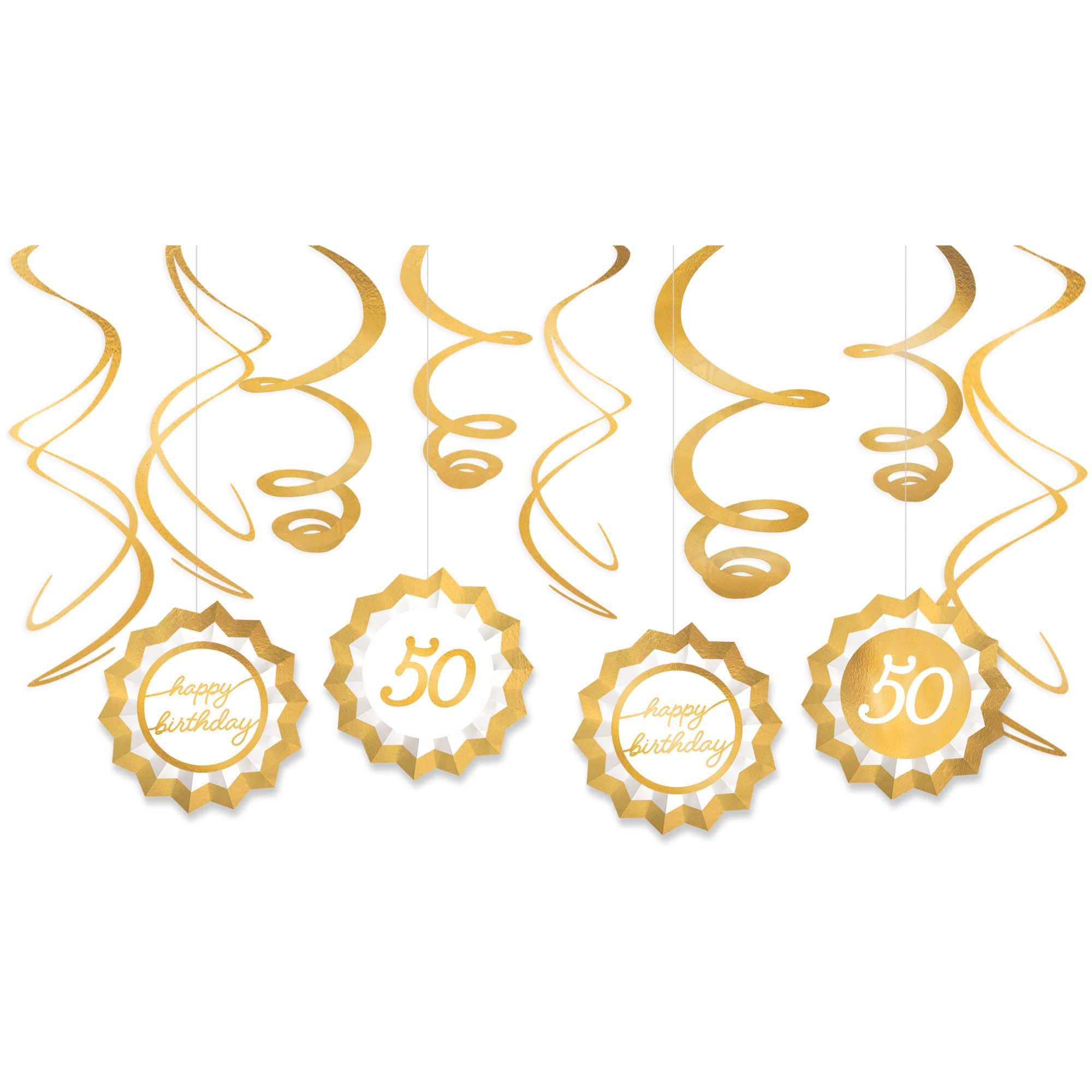 Golden Age 50 Happy Birthday Swirl Decorations, Gold/White, 8-inch, 12-pk