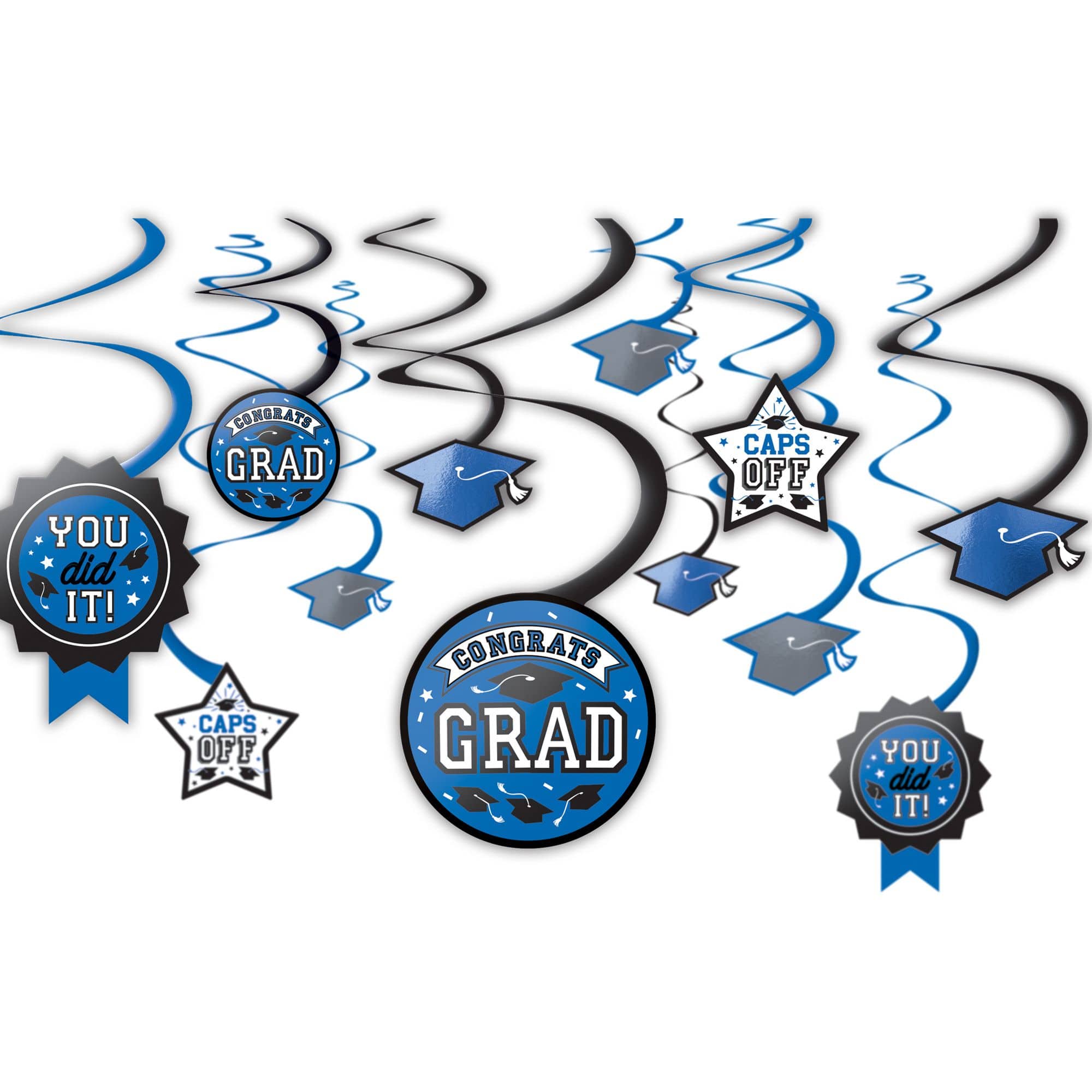 Congrats Grad Swirl Decorations, Blue, 5-inch, 12-pk