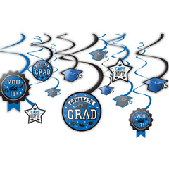 Congrats Grad Swirl Decorations, Blue, 5-inch, 12-pk