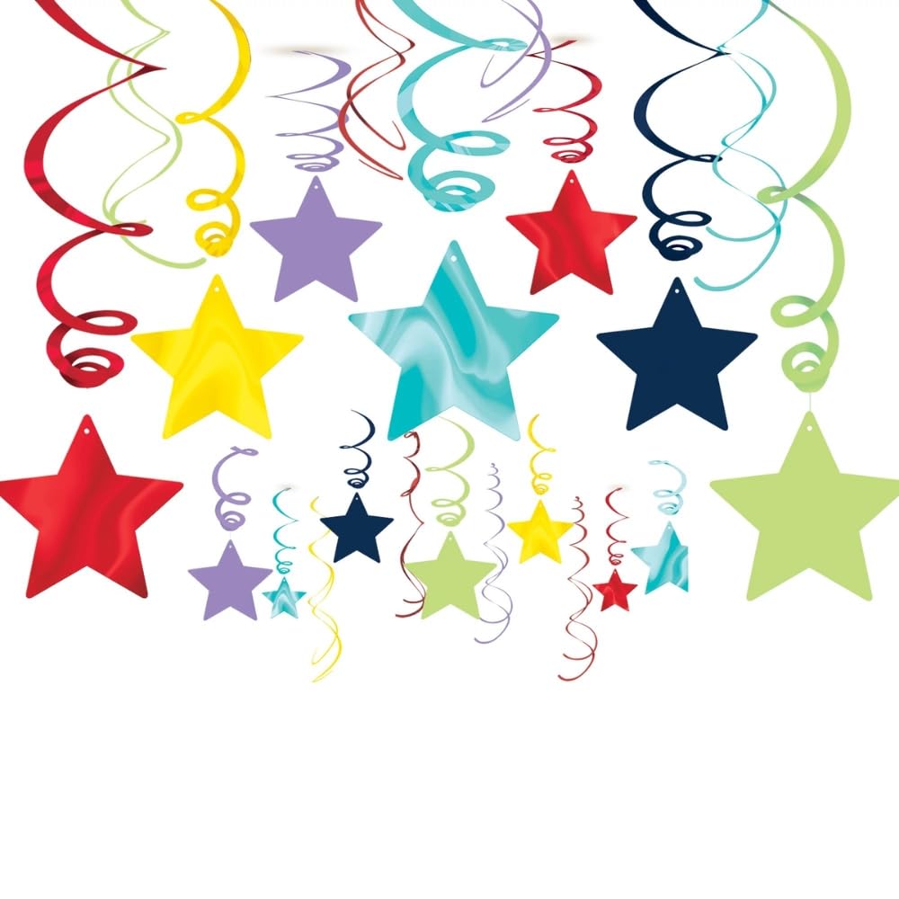Rainbow Star Swirl Metallic Hanging Decorations, 30-pcs