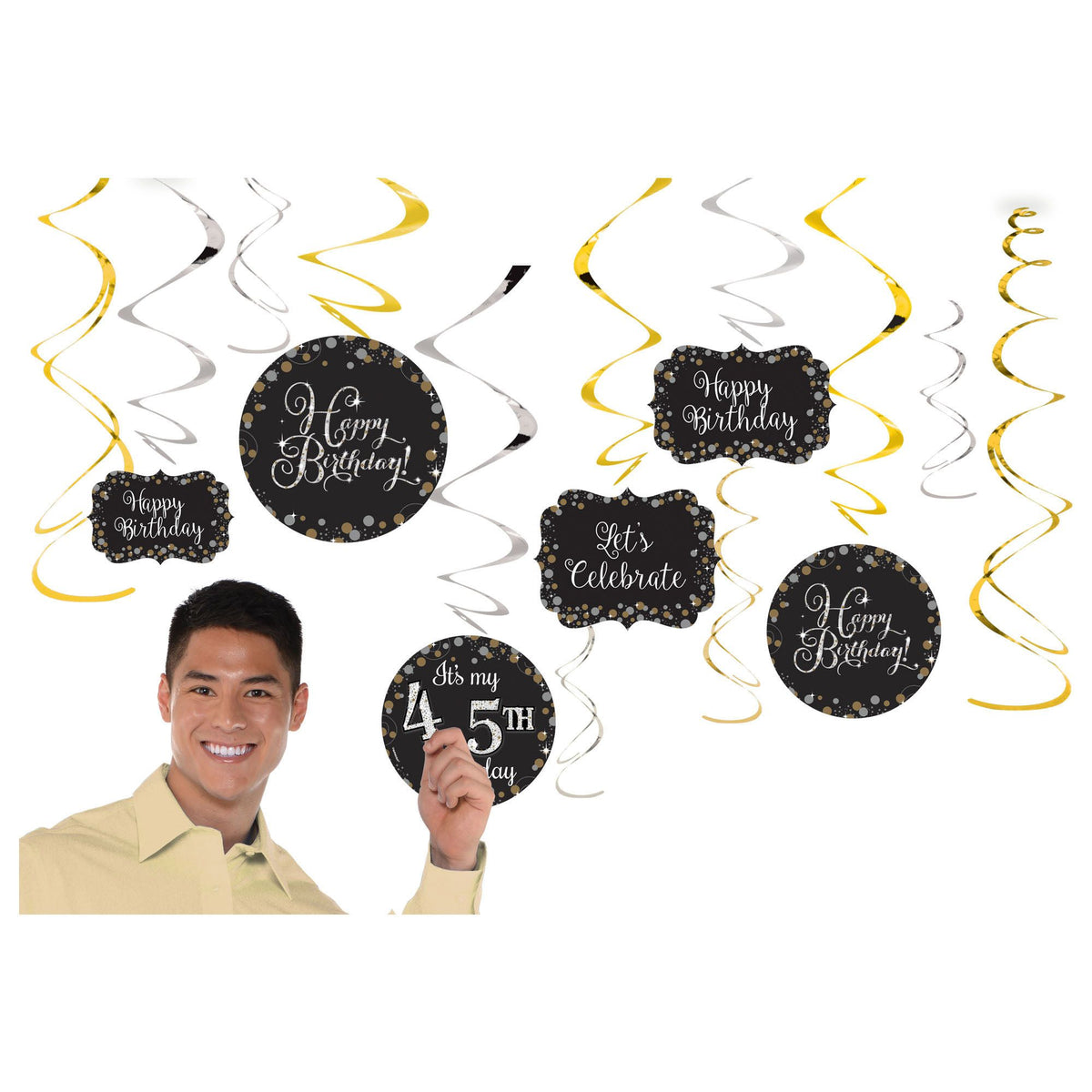 Sparkling Celebration Swirl Hanging Decorations, Gold/Silver/Black, 10-inch, 12-pk