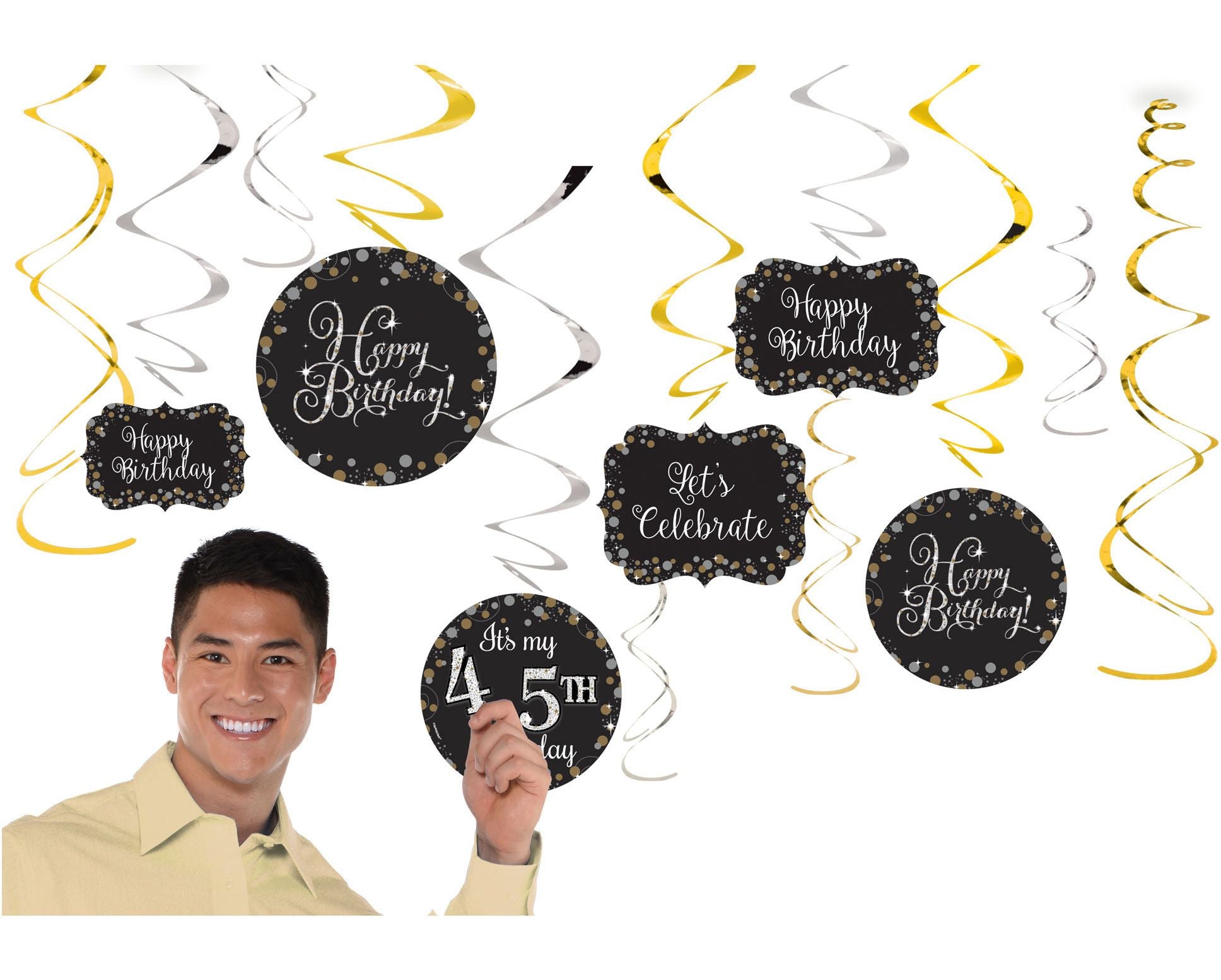 Sparkling Celebration Swirl Hanging Decorations, Gold/Silver/Black, 10-inch, 12-pk
