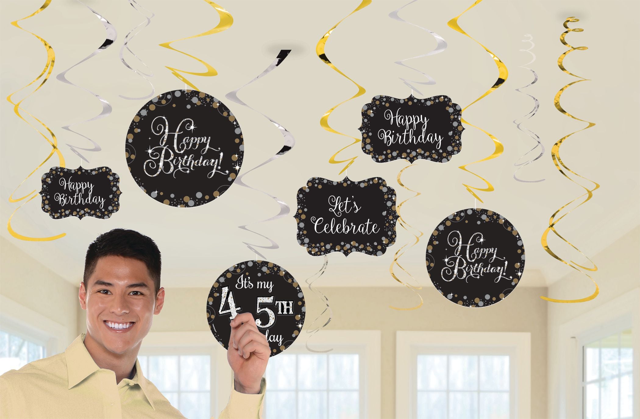 Sparkling Celebration Swirl Hanging Decorations, Gold/Silver/Black, 10-inch, 12-pk