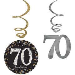 Sparkling Celebration 70 Swirl Decorations, Gold/Silver/Black, 10-inch, 12-pk